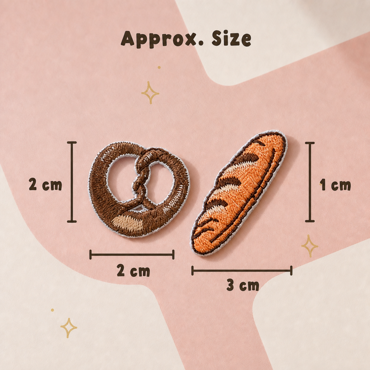 Pretzel and baguette embroidered patch approximate size guide