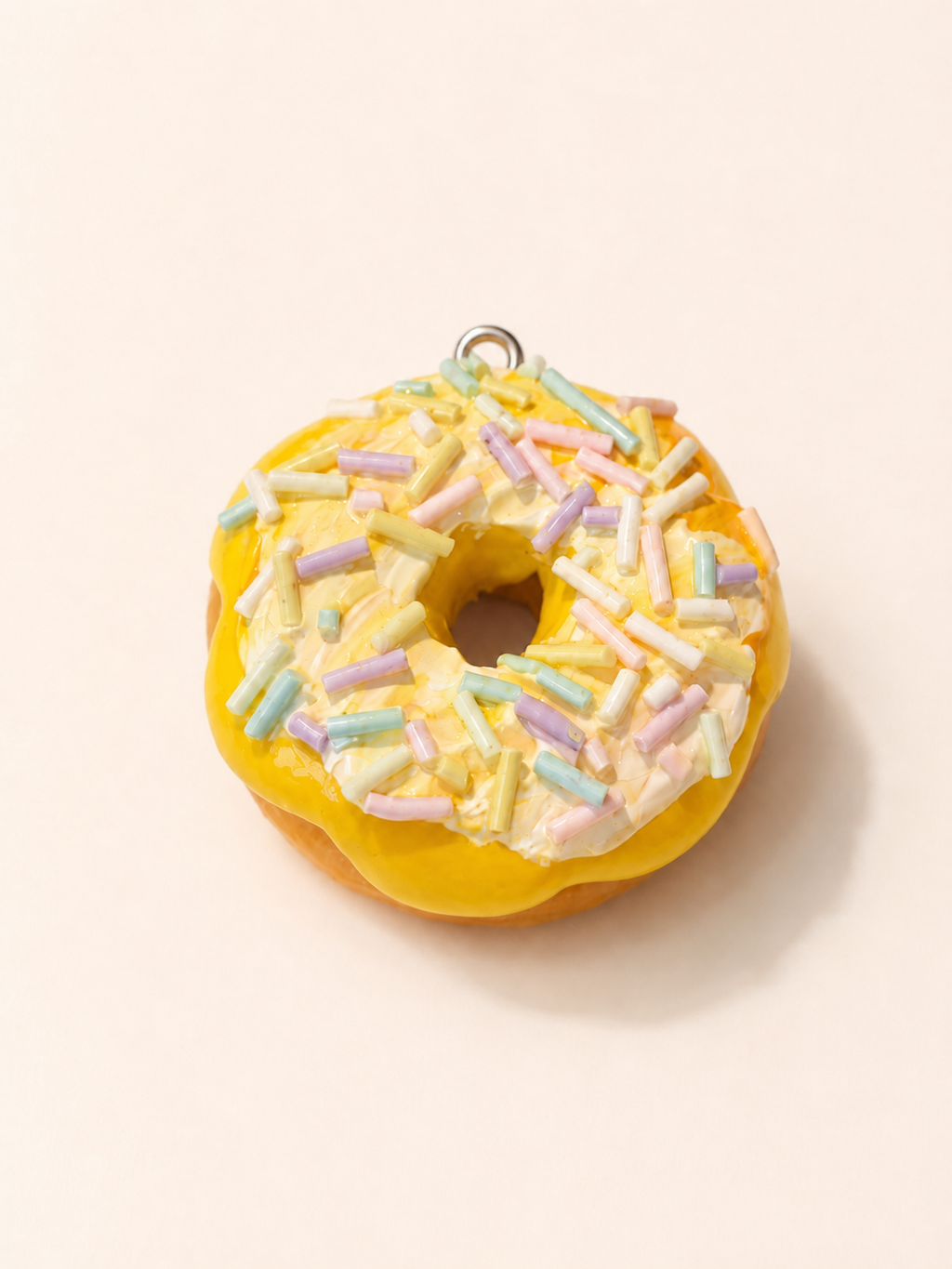 Lemon Cream Donut handmade real bread bag charm on cork board