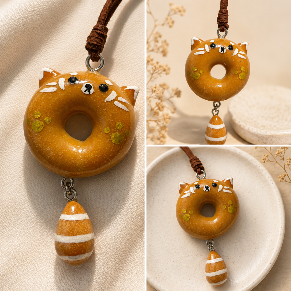 Meow Donut handmade real bread bag charm on cork board