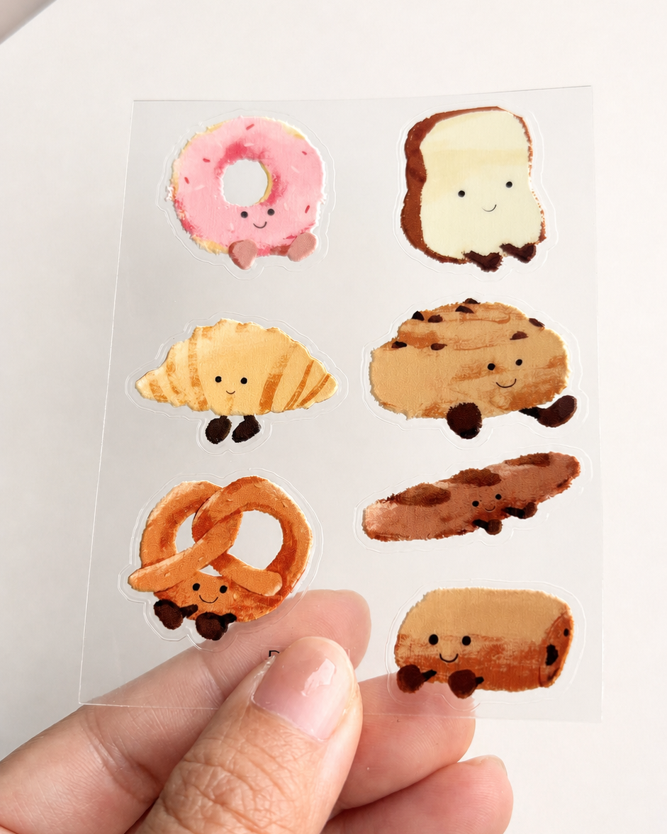 Little Bread Buddies raised 3D sticker sheet with seven bread characters