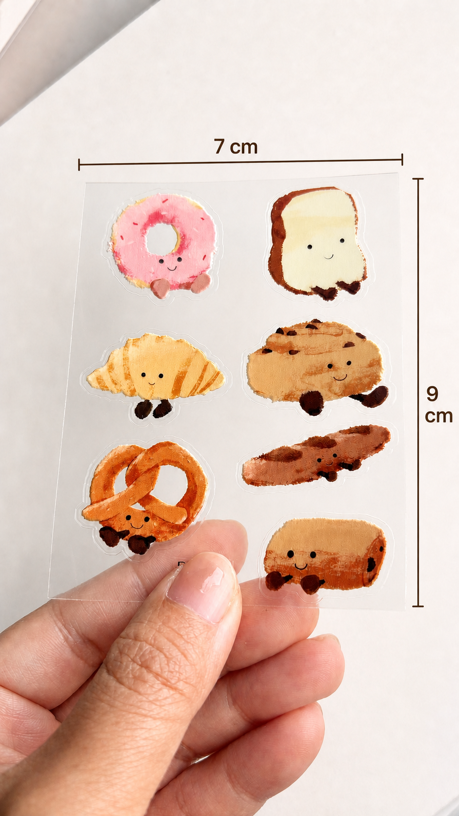 Little Bread Buddies sticker sheet dimensions, 7 cm wide by 9 cm high