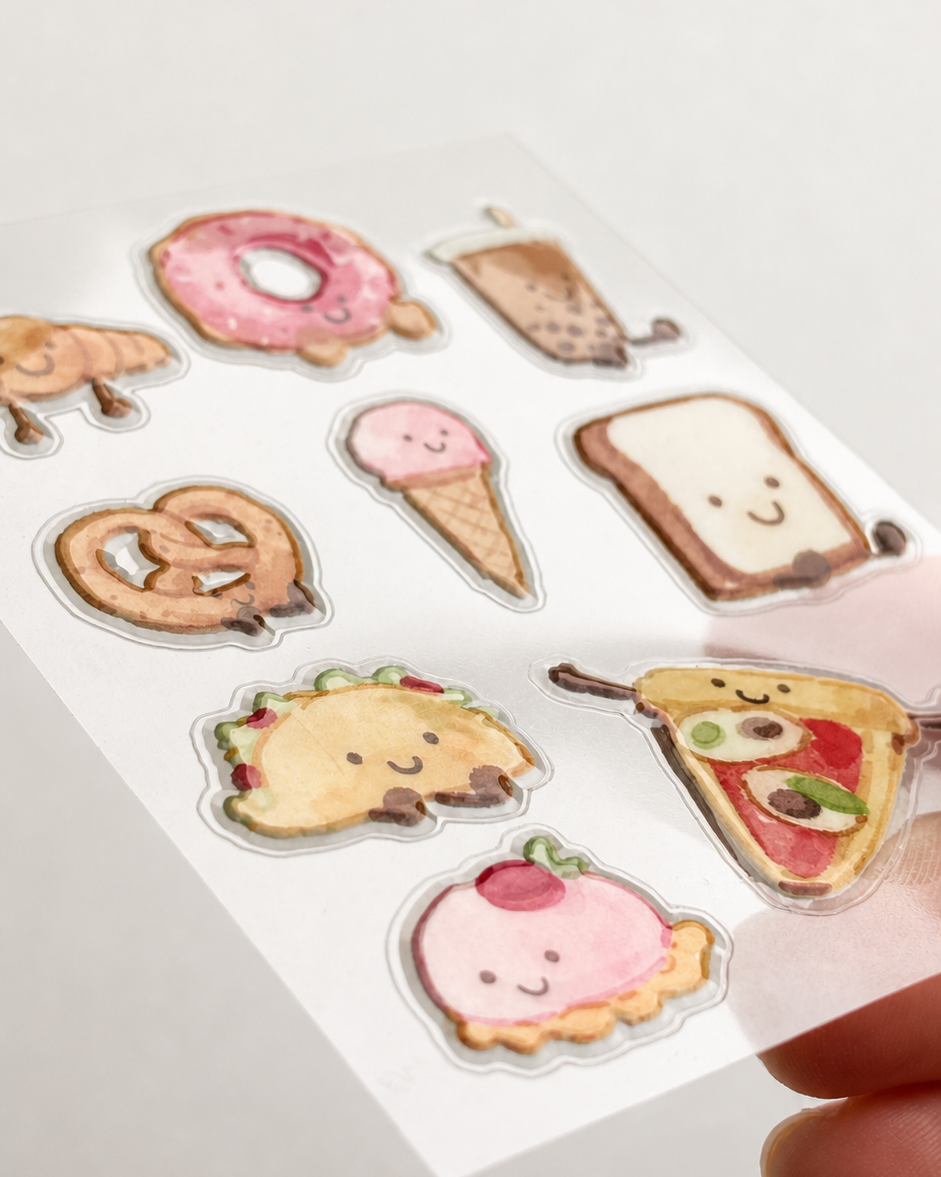 Close-up showing the glossy raised texture of Snack Time Buddies stickers