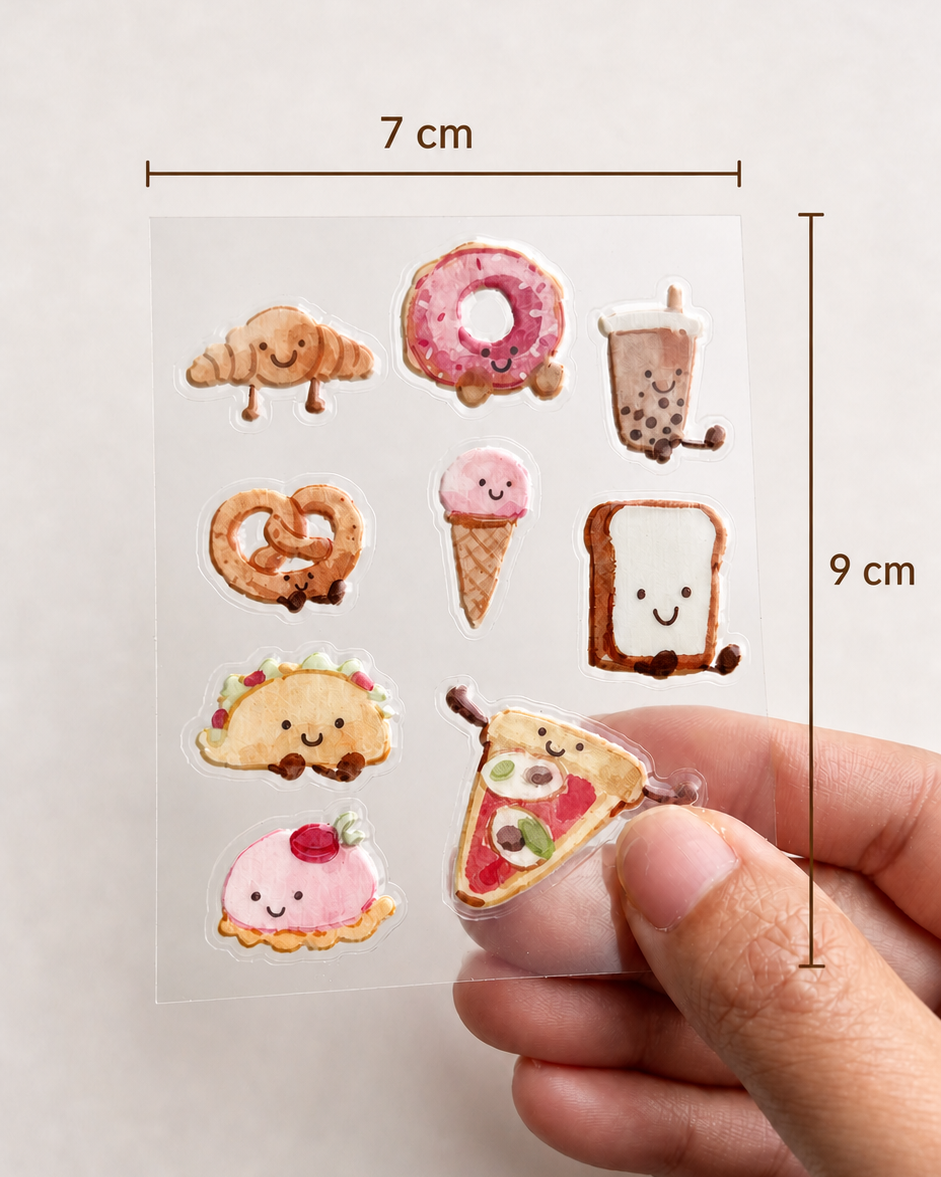 Snack Time Buddies sticker sheet dimensions, 7 cm wide by 9 cm high