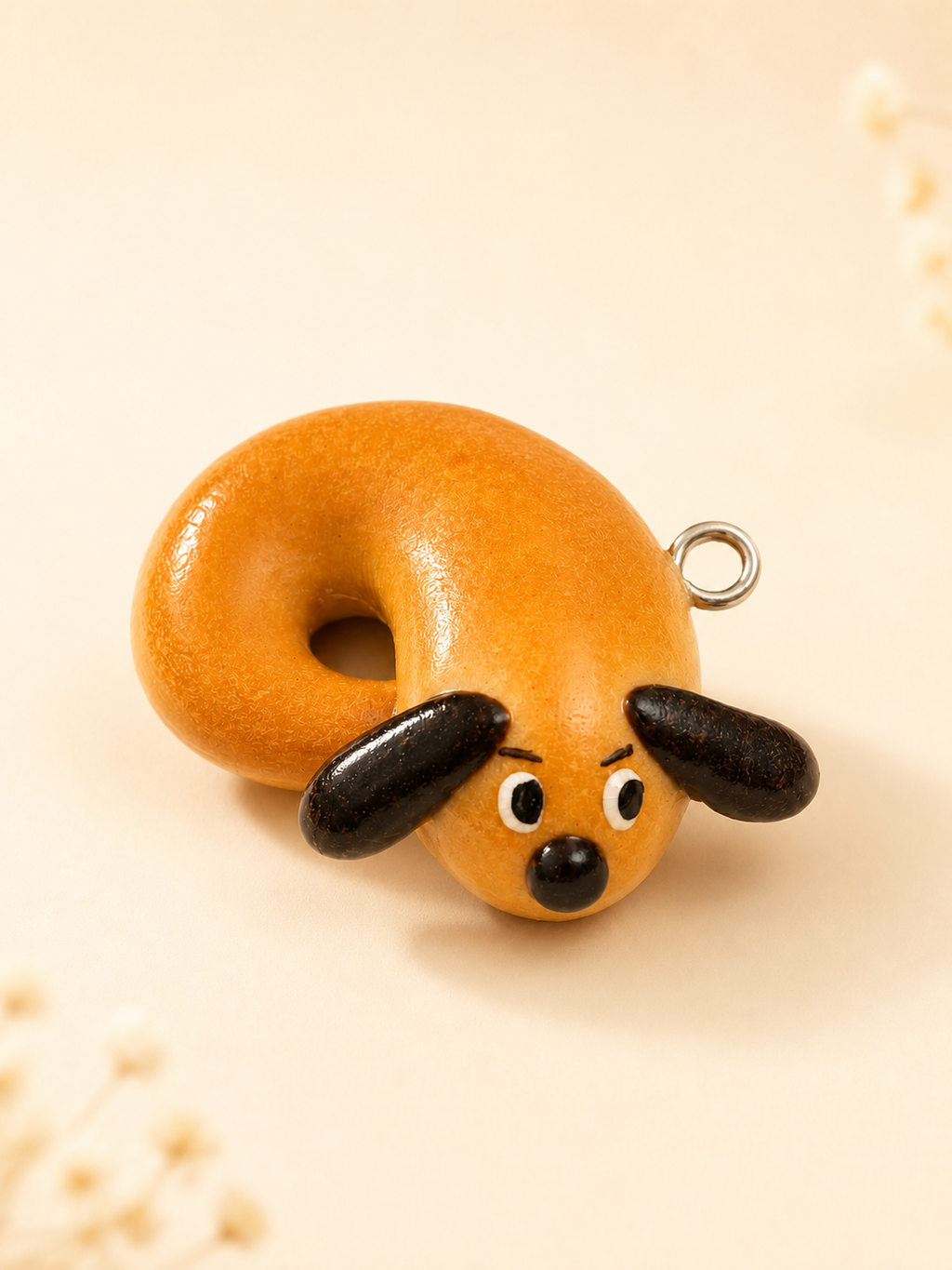 Sleepy Bagel Pup Charm — Handmade Real Bread Bag Charm