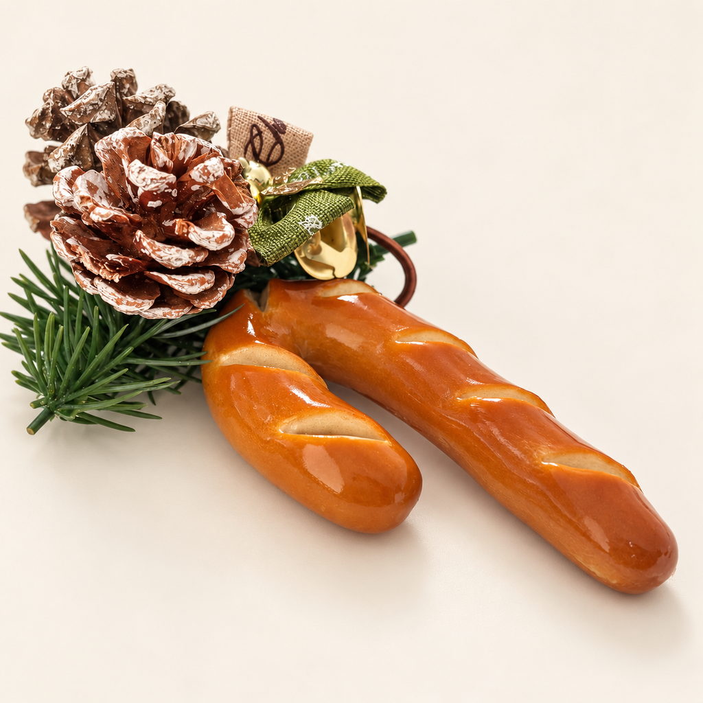 Doubie Dough handmade real bread candy cane Christmas ornament — frosted pine cones angle.