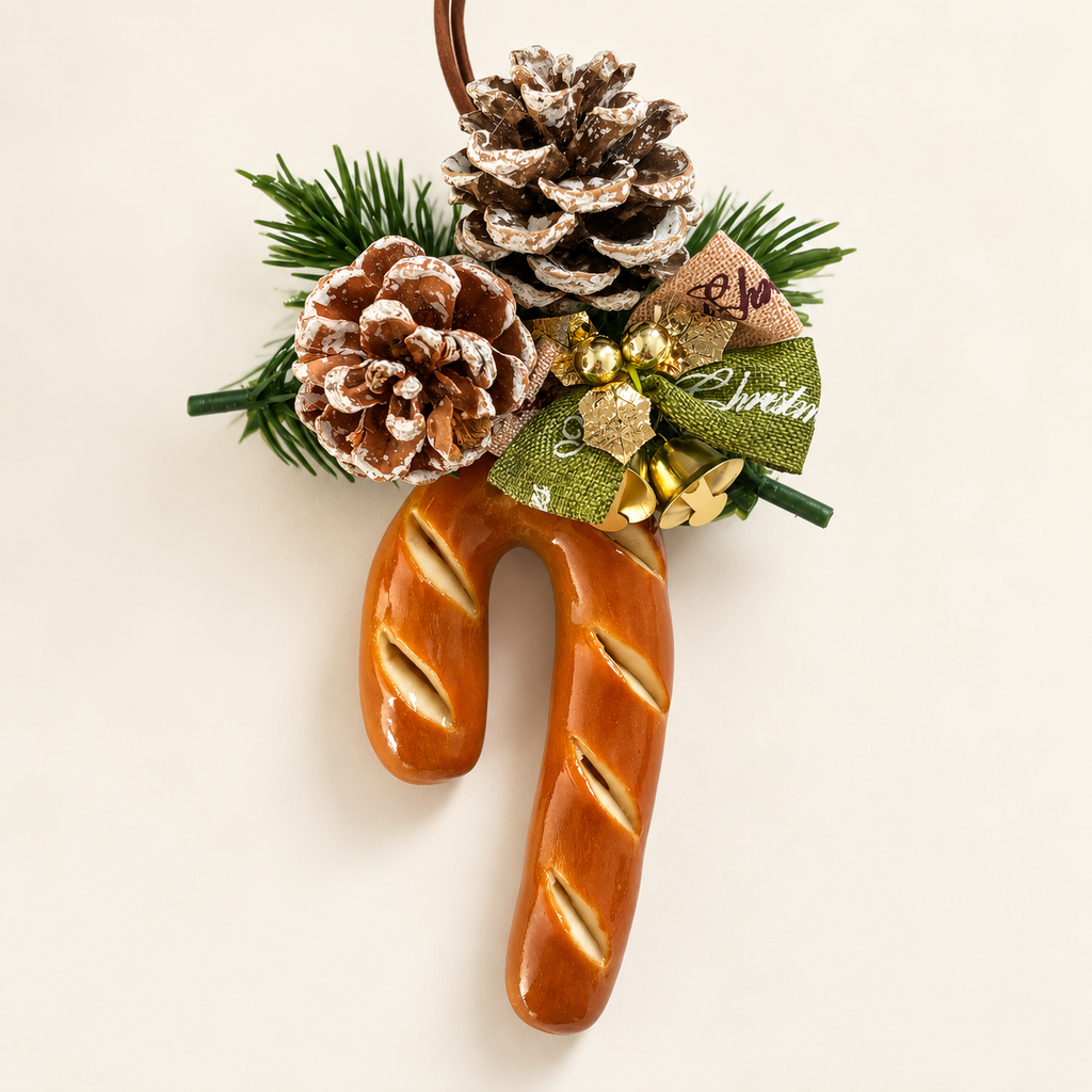 Doubie Dough handmade real bread candy cane Christmas ornament — frosted pine cones hanging front.