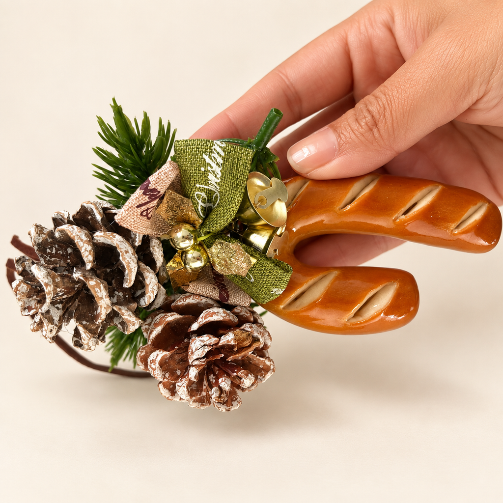 Doubie Dough handmade real bread candy cane Christmas ornament — frosted pine cones in hand.