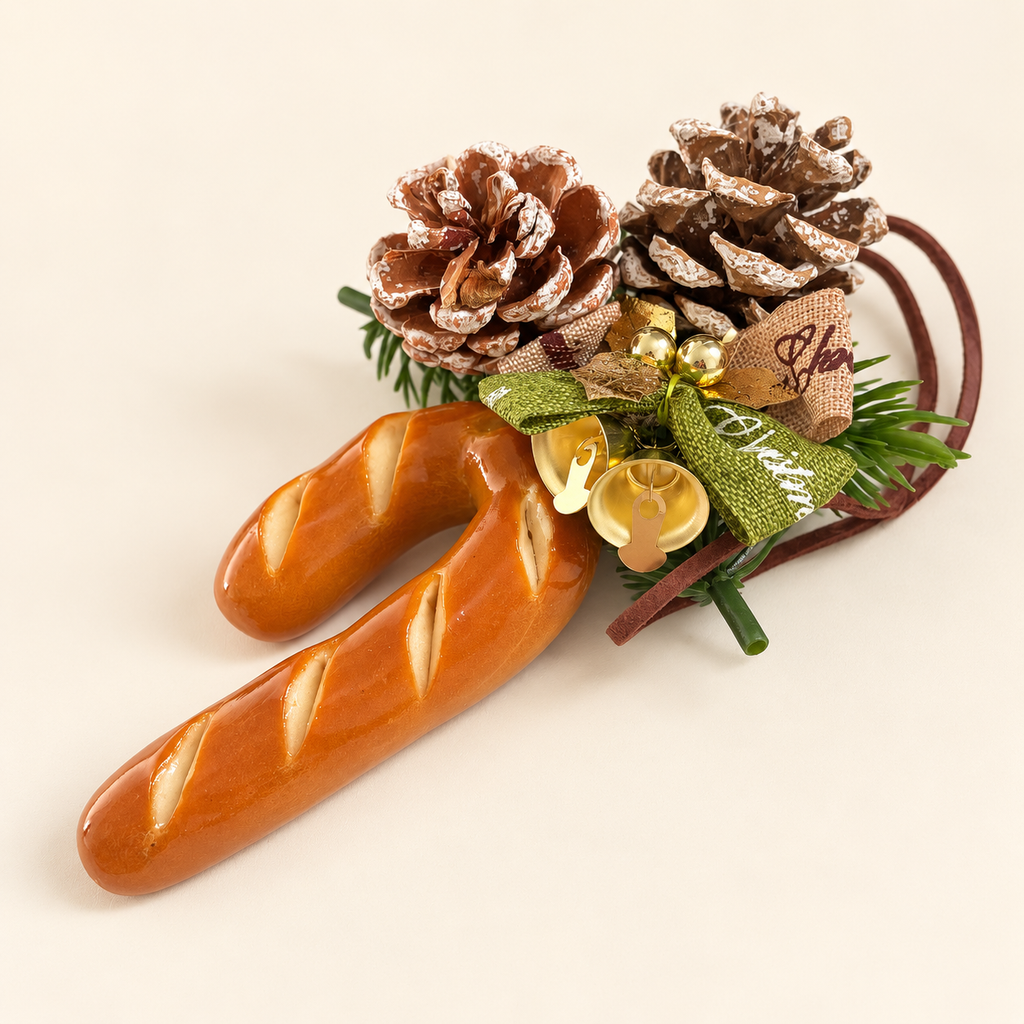 Doubie Dough handmade real bread candy cane Christmas ornament — frosted pine cones side.