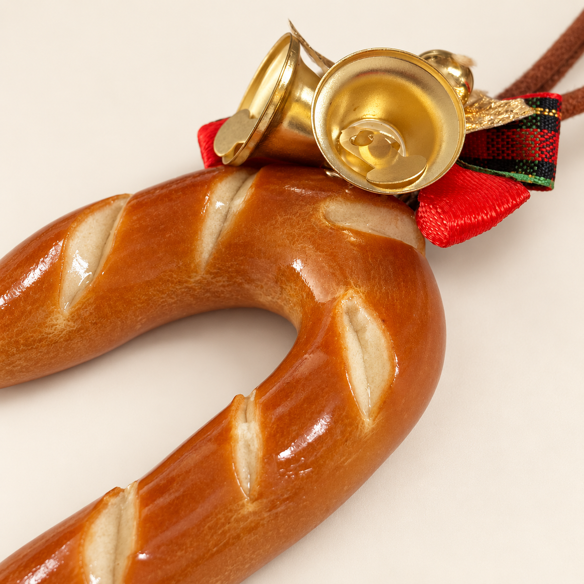 Doubie Dough handmade real bread candy cane Christmas ornament — gold bells closeup.