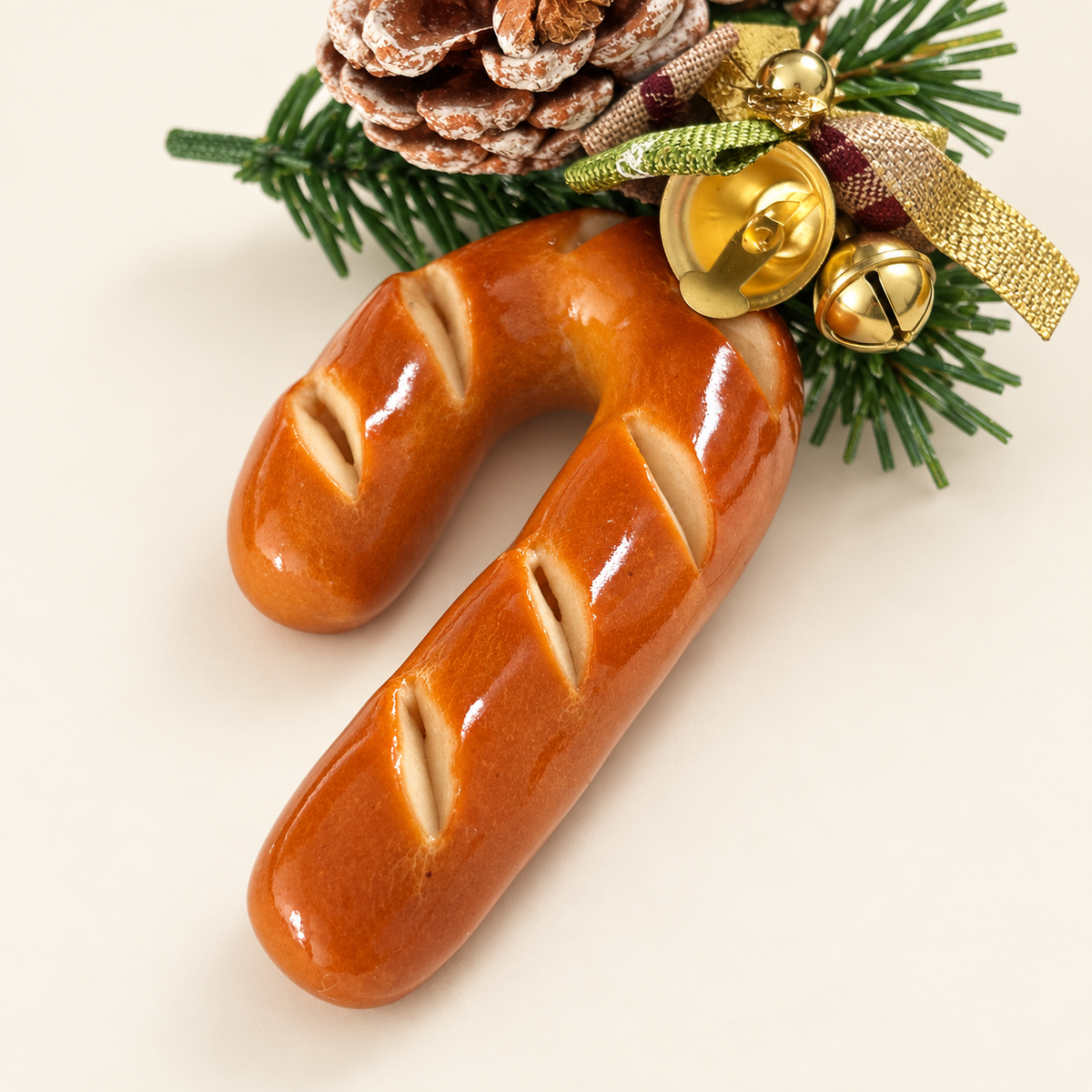 Doubie Dough handmade real bread candy cane Christmas ornament — gold bells top angle.