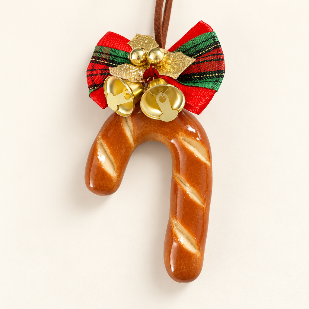 Doubie Dough handmade real bread candy cane Christmas ornament — red tartan bow gold bells front.