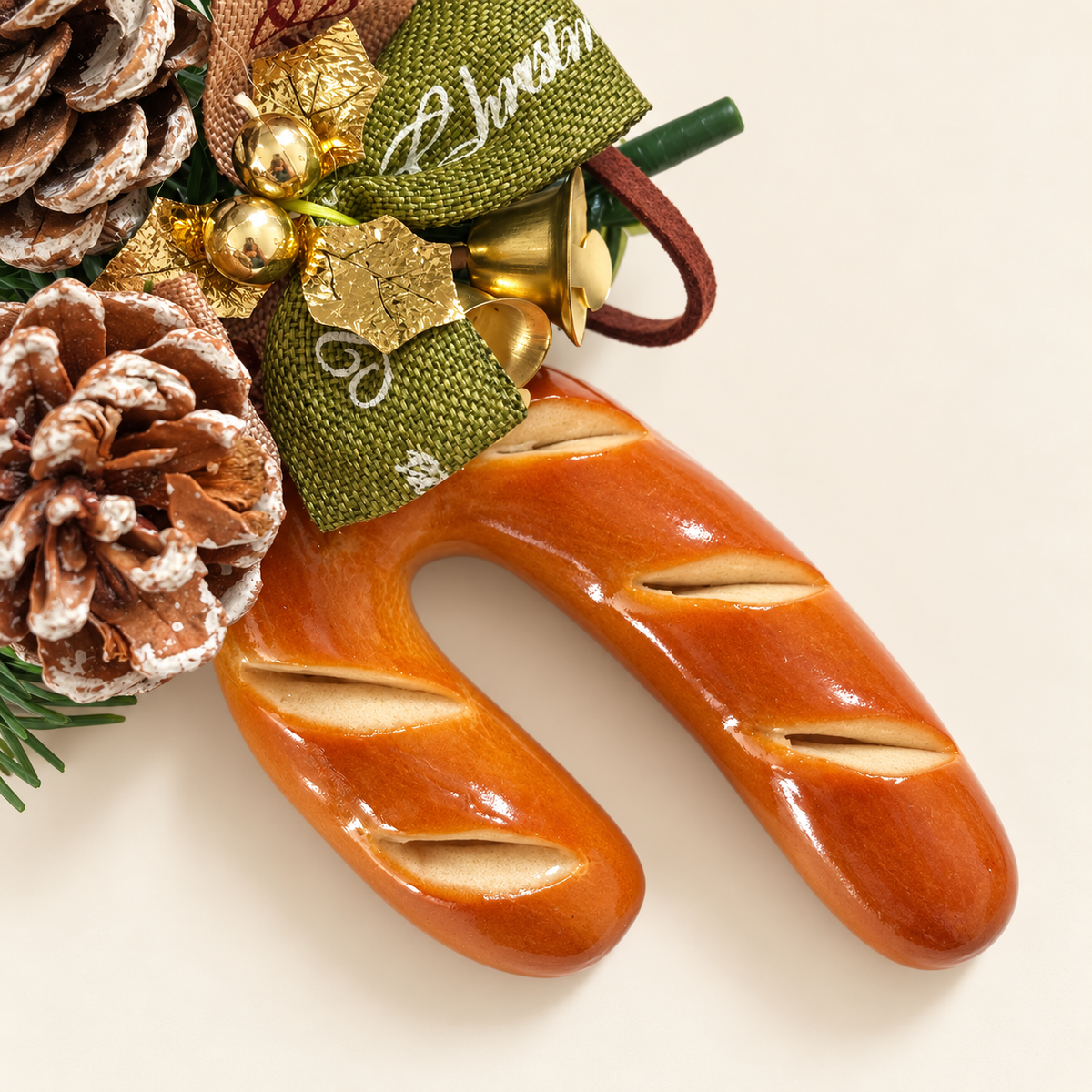 Doubie Dough handmade real bread candy cane Christmas ornament — scored crust closeup.
