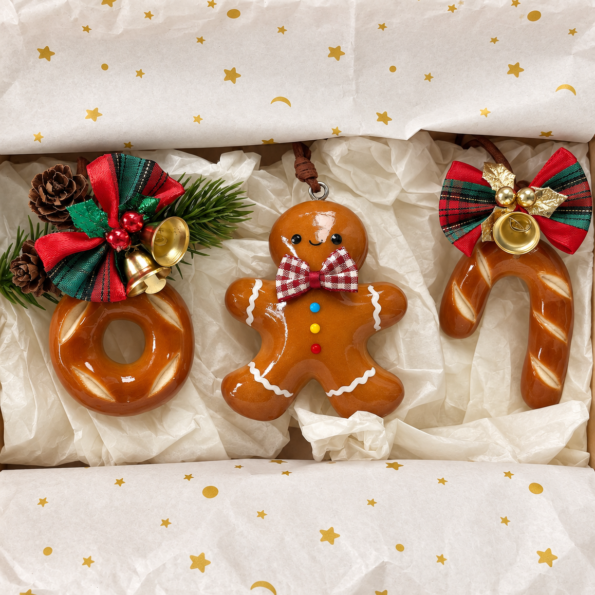 Doubie Dough Gingerbread Classic Trio — three handmade real bread Christmas ornaments presented in a holiday gift box.