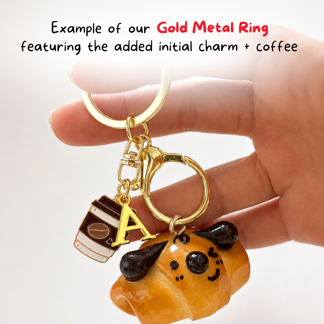 Gold metal ring bread bag charm with personalised initial and coffee charm example