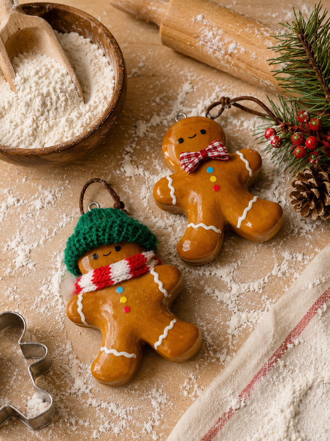 Doubie Dough real bread gingerbread ornaments with a green hat and scarf or red gingham bow on a flour-dusted baking table.