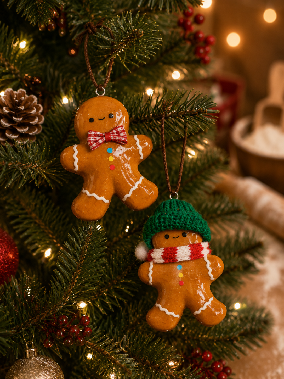 Two handmade real bread gingerbread ornaments hanging on a Christmas tree, in hat-and-scarf and gingham-bow styles.