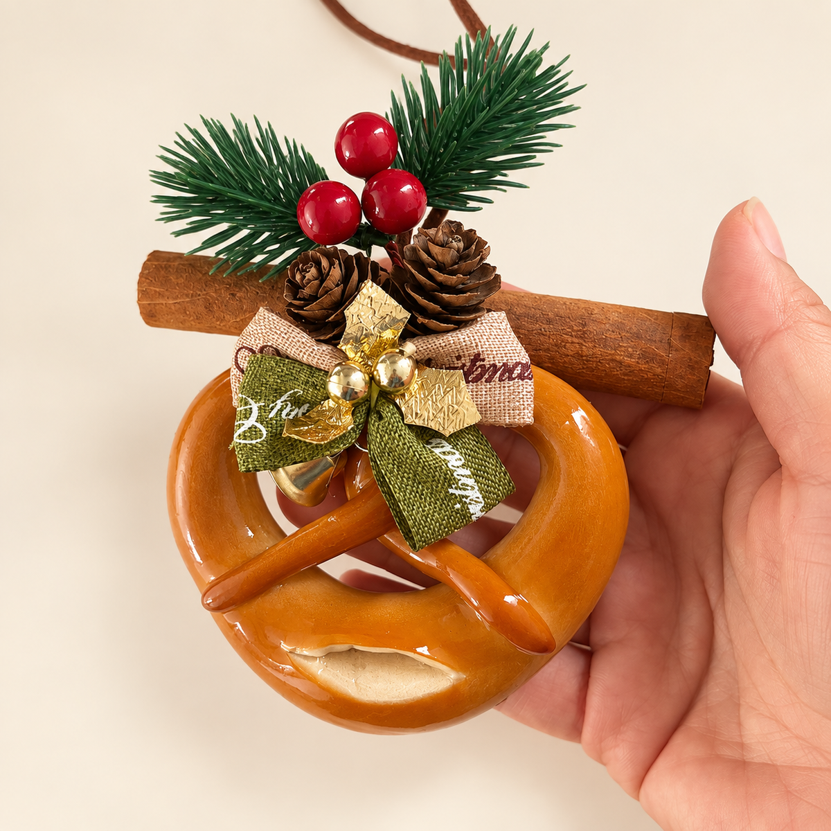 Hand holding Classic Cinnamon Pretzel Christmas ornament showing its scale
