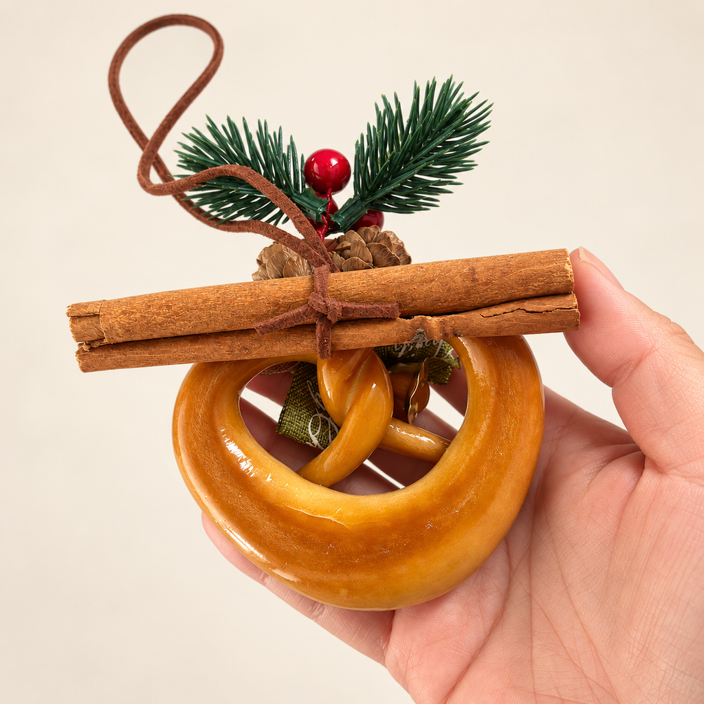 Back and top view of real bread pretzel ornament with brown hanging loop and cinnamon sticks