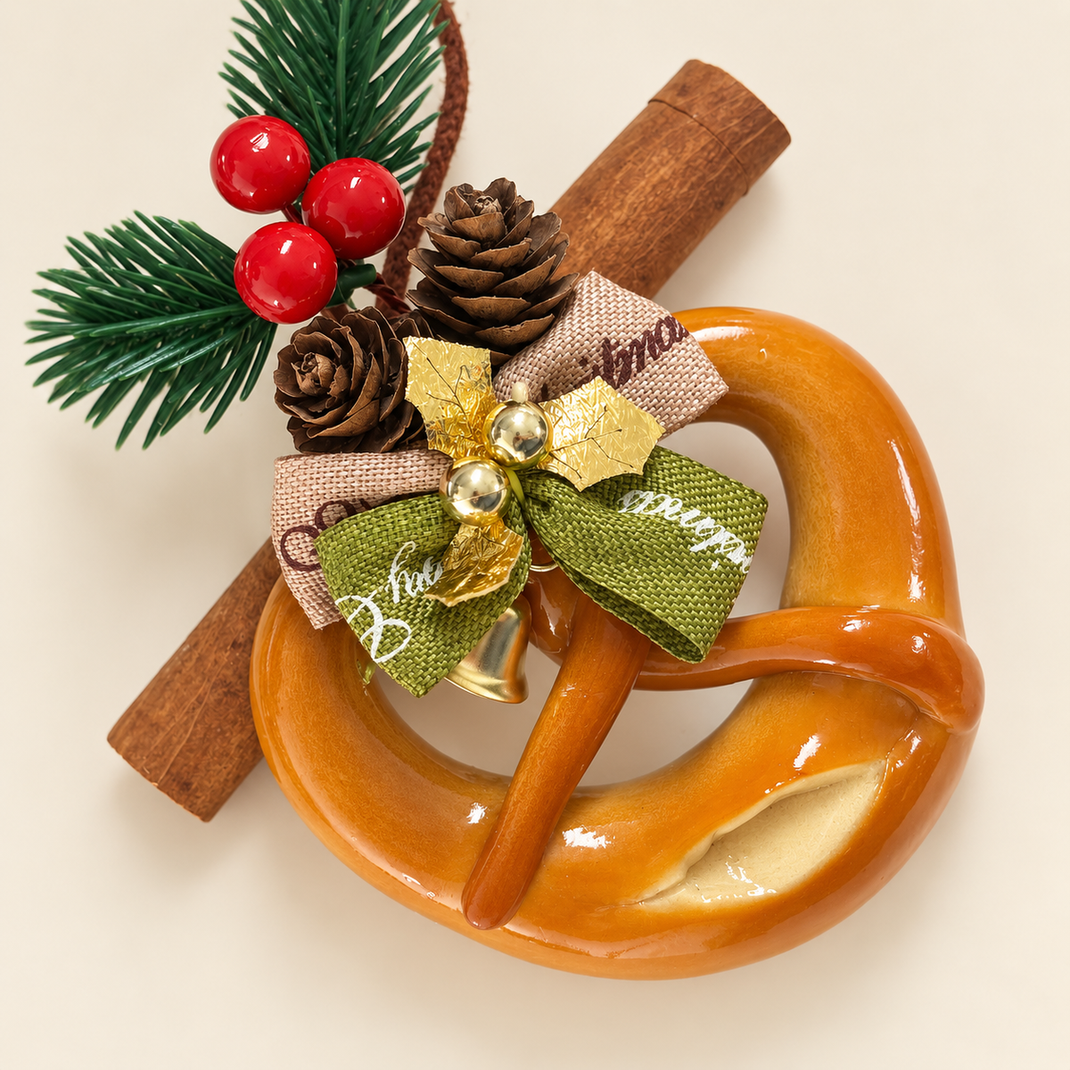 Front detail of real bread pretzel ornament with cinnamon sticks pine cones and gold bell